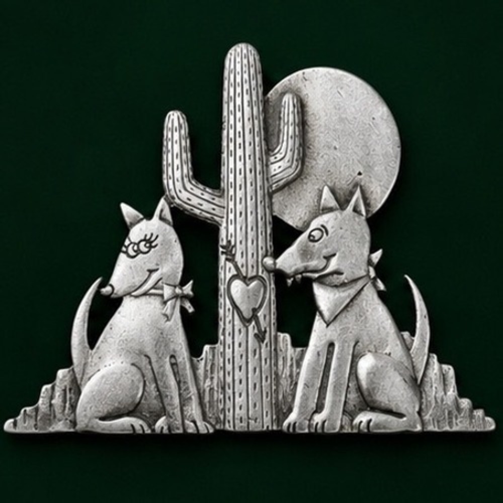 JJ Jonette Jewelry Pewter Coyote Cactus Moon Southwestern Brooch Pin Vintage